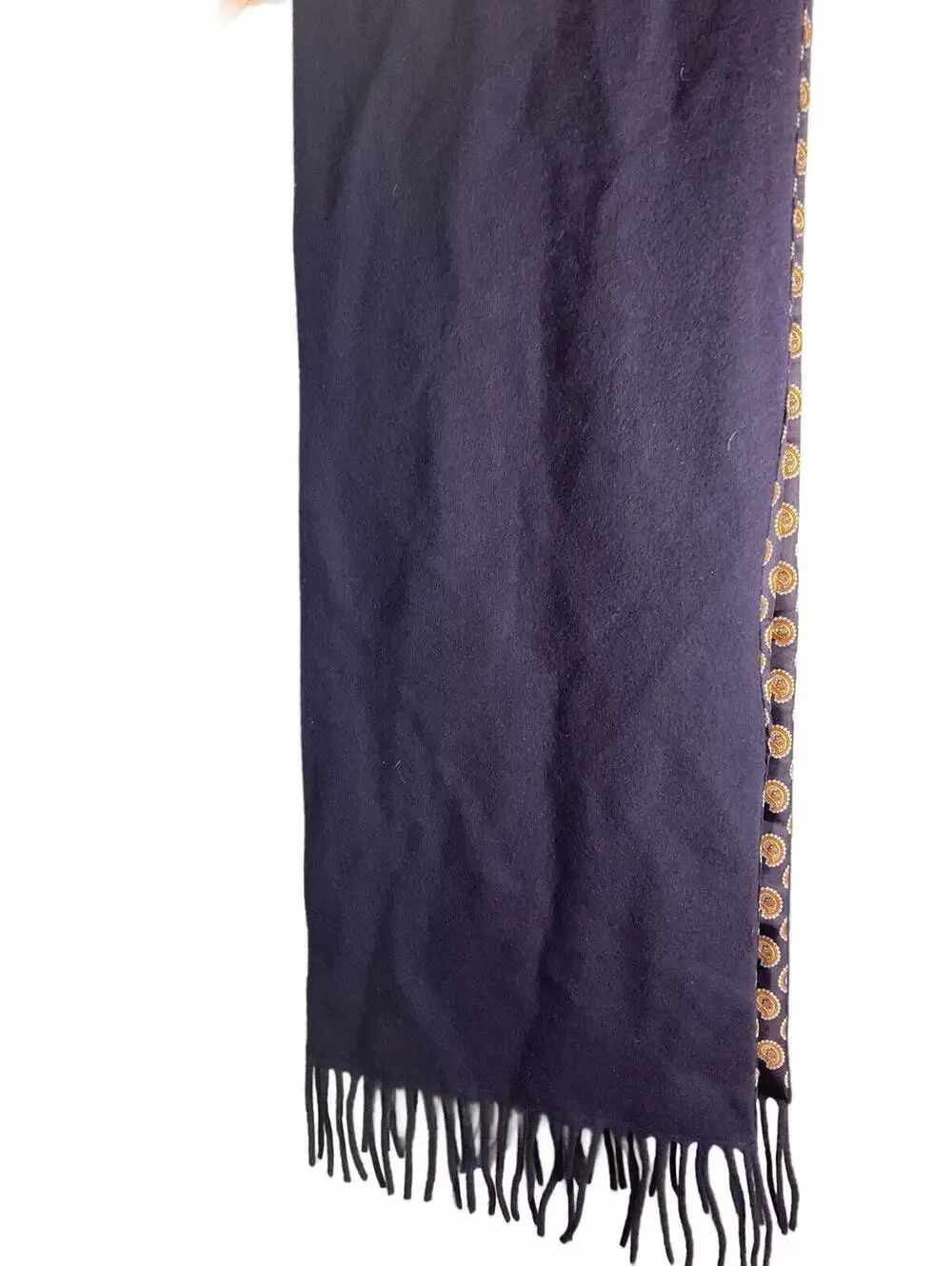 Geoffrey Beene Navy Blue/ Paisley Silk/Wool Reversible Scarf with Fringe